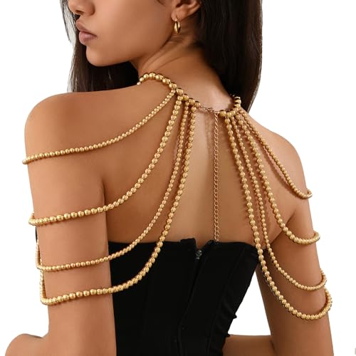 Multi-layer Pearl Tassel Shoulder Chain Necklace for Women Layered Beaded Shoulder Body Jewelry Rave Pearl Arm Chain - color: Gold