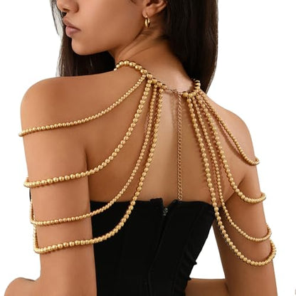 Multi-layer Pearl Tassel Shoulder Chain Necklace for Women Layered Beaded Shoulder Body Jewelry Rave Pearl Arm Chain - color: Gold