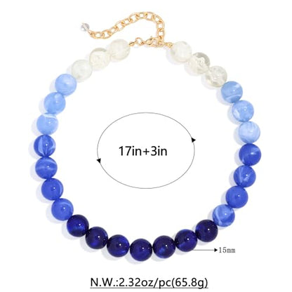 Chunky Beaded Necklace for Women Boho Statement Bead Necklace | Adjustable, Lightweight Choker, Round/Oval/Pebble Beads, Trendy Summer Beach Jewelry - color: Blue Ombre