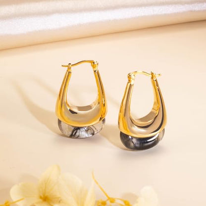 LAXPICOL Gold Chunky Dangle Earrings For Women Resin Stone Earrings Hoop Earrings, 18k Plated Oval Resin Stone Statement Earrings for Women Unique Dangling Teardrop Baroque Huggies Hoop Earrings - color: Gold