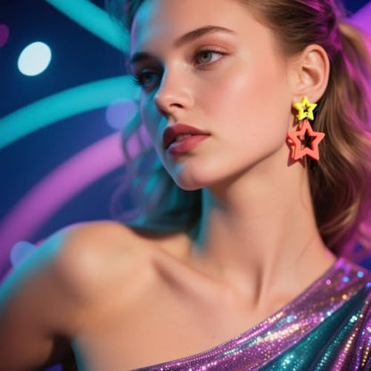 Colorful 80s 90s Neon Star Earrings for Women Retro Glow Party Costume 80s 90s Acrylic Dangle Earrings Outfit - style: Symmetrical Yellow and Orange