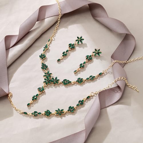 EVER FAITH Crystal Flower Wedding Prom Jewelry Set for Bride Bridesmaid | Rhinestone Costume Party Y-Shaped Necklace Dangle Earrings Bracelet, for Women - color: Green Gold-Tone
