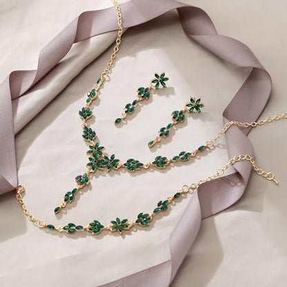 EVER FAITH Crystal Flower Wedding Prom Jewelry Set for Bride Bridesmaid | Rhinestone Costume Party Y-Shaped Necklace Dangle Earrings Bracelet, for Women - color: Green Gold-Tone