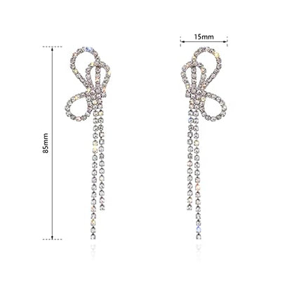 Luxval Rhinestone Earrings Dangling for Women Sparkly Silver Dangle Earrings Girls Long Chandelier Earrings Tassel Lightweight Ear Studs Cubic Zirconia Crystal Statement - color: Silver-Bow