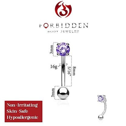 Forbidden Body Jewelry 16g 8mm Surgical Steel Curved Barbell w/Solitaire CZ for Daith, Eyebrow & Rook Piercings - color: Steel/Lavender