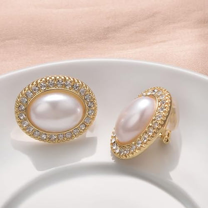 Yoursfs Faux Pearl Clip On Earrings For Women 18K Gold Plated Button Ear Clips - style: Oval Big White Pearl Clip on Earrings