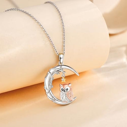 YAFEINI Moon Animal Necklace S925 Sterling Silver Owl/Fox/Red Panda/Possum/Snake/Dachshund Pendant Necklace Animal Jewelry Gifts for Women Mom Wife - style: OWL