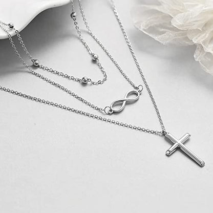 MONGAS Boho Layered Necklace Sterling Silver Triple 3 Stacked Vertical Bar Triangle Long Layering Necklaces Christmas Jewelry Gifts for Women - style: Infinity Cross