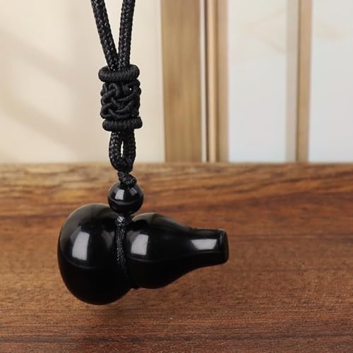 Anjiucc Natural Gemstone Gourd Hulu Wulu Pendant Necklace Healing Crystal Stone with Adjustable Chain Amulet Talisman for Good Luck - color: Black Obsidian