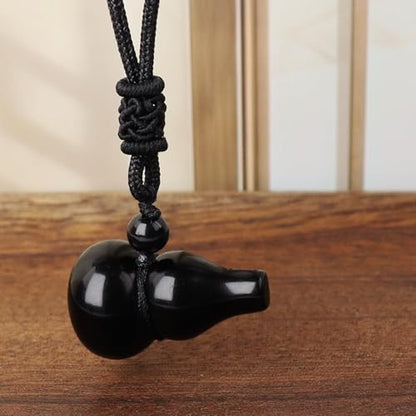 Anjiucc Natural Gemstone Gourd Hulu Wulu Pendant Necklace Healing Crystal Stone with Adjustable Chain Amulet Talisman for Good Luck - color: Black Obsidian
