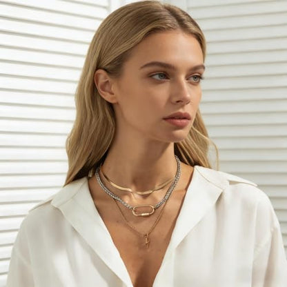 Gold Layered Necklace for Women Chunky Stacked Chain Link Paperclip Evil Eye Necklace Trendy Punk Jewelry - color: Silver C