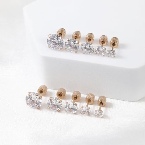 5-6 pairs Push-in Flat Back Stud Earrings Hypoallergenic Surgical Stainless Steel Cubic Zirconia Earrings Studs Set Multi-Pack, CZ Stud Earrings for Women Men Trendy Cartilage Stud Earrings 2-8mm - color: rose gold-4/5/6/7/8mm