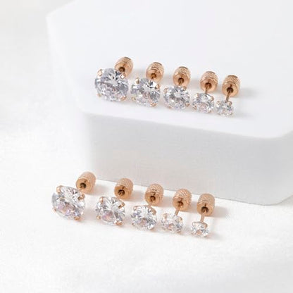 5-6 pairs Push-in Flat Back Stud Earrings Hypoallergenic Surgical Stainless Steel Cubic Zirconia Earrings Studs Set Multi-Pack, CZ Stud Earrings for Women Men Trendy Cartilage Stud Earrings 2-8mm - color: rose gold-4/5/6/7/8mm
