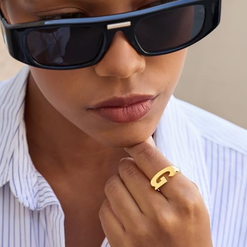 Cicy Bell Initial Rings for Women 18k Gold Plated Adjustable Rings | Open Signet Rings, Bold Letter, Personalized Engraved, For Party - color: Initial-G