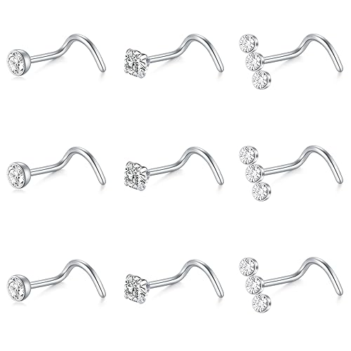 Mayhoop 20G Nose Rings Studs 316L Surgical Stainless Steel L Shape Bone Diamond Heart Corkscrew Nose Ring Nostril Piercing Jewelry For Women Men - color: Screw-Silver-B