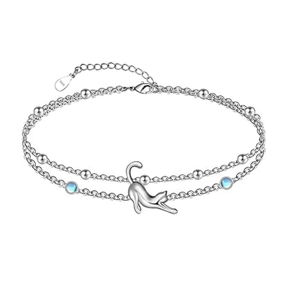 CHIC & ARTSY 925 Sterling Silver Ankle Bracelets for Women, Adjustable Layered Foot Chains with Nature & Symbol Charms, Lightweight Comfort Fit Boho Beach Everyday Jewelry - color: # Cat Anklet