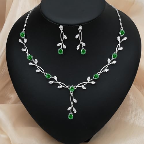 CSY Elegant Bridal Jewelry Sets Clear Cubic Zirconia Wedding Necklace Earrings Bracelet Set for Birdes Bridesmaids CZ Prom Jewelry - color: Green-Necklace Earrings Bracelet