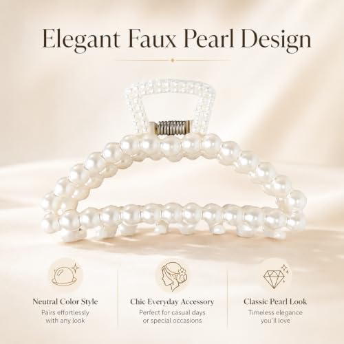 Large Pearl Hair Claw Clip, Clips Neutral Color Girls Hair Clips Claw, Big Hair Clips Hair Claws Hair Claws, Faux Pearl, Clips and Barrettes for Thin, Thick, Curly or Long Hair