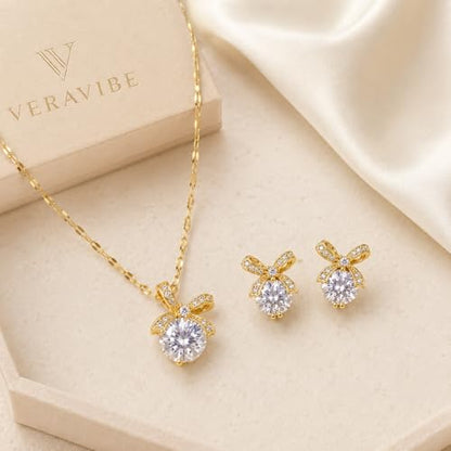 Bowknot Necklace and Earrings Set for Women Gold Plated | Ribbon Pendant, Cubic Zirconia, Sparkling Minimalist, Party Daily Wear, Birthday Gifts