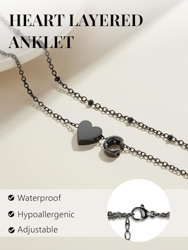 Ankle Bracelets for Women Waterproof 14K Gold/Silver/Black Initial Anklet for Women Dainty Layered Heart Ankle Bracelets Stainless Steel Adjustable Foot Chain Anklet Summer Beach Jewelry - color: U-Black