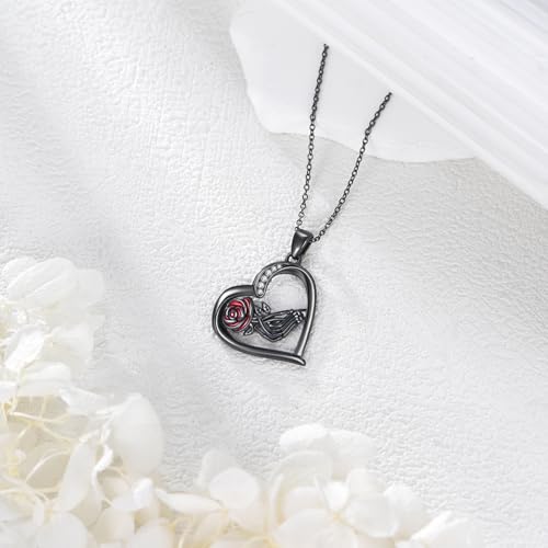 Halloween Necklace 925 Sterling Silver Black Rose Rib Cage Heart Pendant Necklace Halloween Jewelry Gifts for Women Gothic Party - style: Skeleton