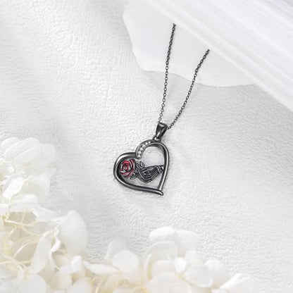 Halloween Necklace 925 Sterling Silver Black Rose Rib Cage Heart Pendant Necklace Halloween Jewelry Gifts for Women Gothic Party - style: Skeleton