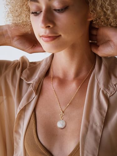 Aobei Pearl 18K Gold Plated Pendant Necklace for Women Dainty Gold Chain Choker Love Heart Disc Coin Pearl Cross Toggle Jewelry - style: Coin Pearl