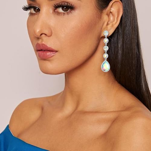 EleQueen Women's Wedding Crystal Teardrop Pear Shape 3 Inch Clip on Long Dangle Earrings for Bride Bridesmaid, Jewelry for Party Prom/Anniversary - color: AB Iridescent Silver-Tone
