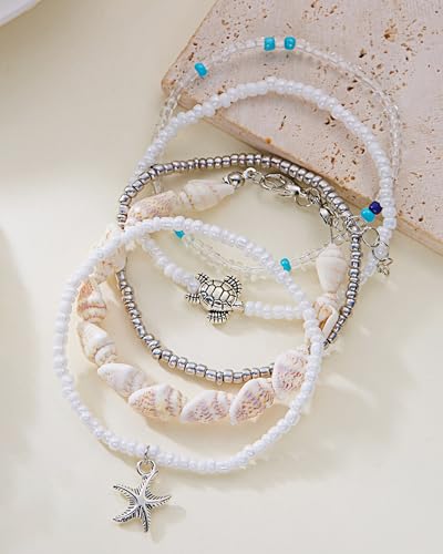 Shell Bracelets for Women Layered Seashell Starfish Bracelets Stackable Stretch Boho Beaded Bracelet Summer Beach Surfer Bracelet Seaside Beach Dress Outfits Accessories - color: A6:shell bracelets