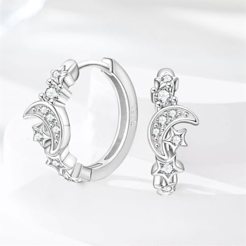925 Sterling Silver Huggie Hoop Earrings for Women with 5A Cubic Zirconia Jewelry Birthday Gift - style: Moon