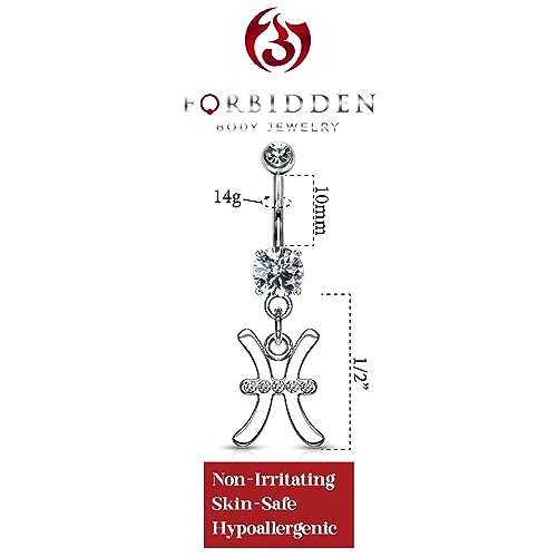 Forbidden Body Jewelry Surgical Steel CZ Jeweled Zodiac Sign Dangle Belly Button Ring - style: Pisces