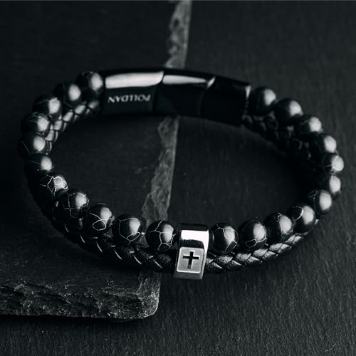 Cross Bracelet for Men - Genuine Leather Religious Bracelets | Stylish Christian Bracelet for Men - Perfect Faith Accessory | Mens Cross Bracelet - Christian Jewelry - style: Midnight