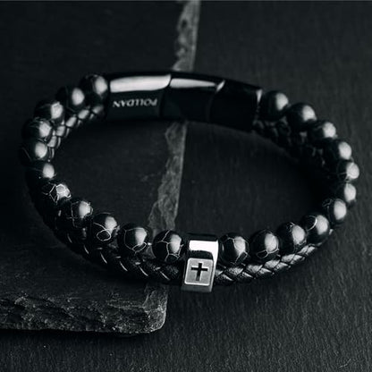 Cross Bracelet for Men - Genuine Leather Religious Bracelets | Stylish Christian Bracelet for Men - Perfect Faith Accessory | Mens Cross Bracelet - Christian Jewelry - style: Midnight