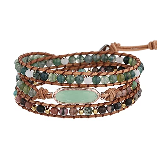 Plumiss Women Boho Handmade Natural Stone Crystal Leather Bead Wrap Bracelets Collection - style: Green Aventurine 3W