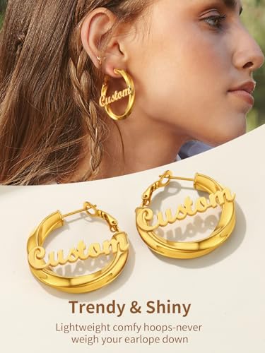 FindChic Twisted Hoop Earrings for Women, Silver/Black/14K Gold Plated Hypoallergenic Hollow Tube Rounded Loop Earrings, 30mm/40mm/60mm/80mm Hoops with Custom Name Options and Gift Box - color: f.Gold (Custom Name), size: 40MM
