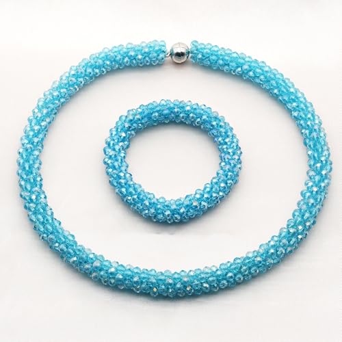 Hand Knotted Beads Statement Necklace Bracelet Jewelry Set Artificial Crystal Choker for Women- Handmade Beaded Strand Sparkly Faceted Crystal Rondelle-17inches, 30 Colors - color: Sky Blue