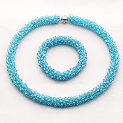 Hand Knotted Beads Statement Necklace Bracelet Jewelry Set Artificial Crystal Choker for Women- Handmade Beaded Strand Sparkly Faceted Crystal Rondelle-17inches, 30 Colors - color: Sky Blue