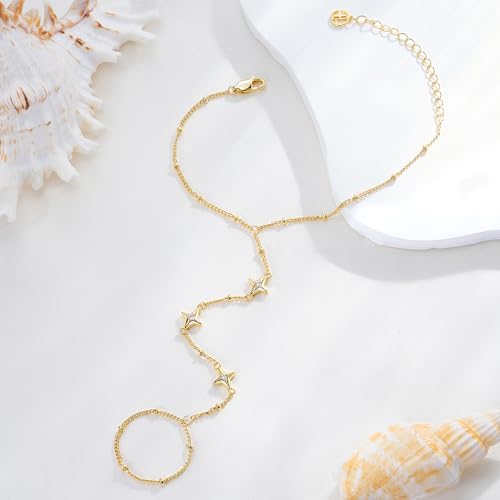 Cicy Bell Hand Chain Bracelets for Women 18K Gold Plated | Layered Stackable Dainty Ring Bracelets, Adjustable Satellite Bead Dot Link Finger Bracelets - color: Style L-Gold