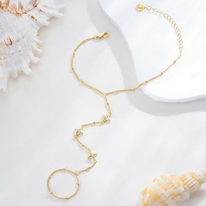 Cicy Bell Hand Chain Bracelets for Women 18K Gold Plated | Layered Stackable Dainty Ring Bracelets, Adjustable Satellite Bead Dot Link Finger Bracelets - color: Style L-Gold