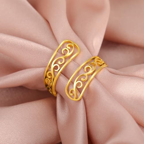 TEAMER Adjustable Filigree Flower Ring Stainless Steel Filigree Flower Ring Bohemian Jewelry Band Open Ring For Women - color: Gold