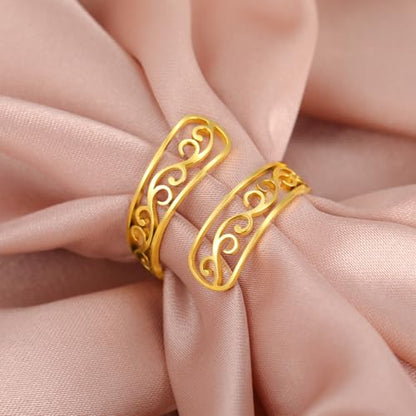TEAMER Adjustable Filigree Flower Ring Stainless Steel Filigree Flower Ring Bohemian Jewelry Band Open Ring For Women - color: Gold