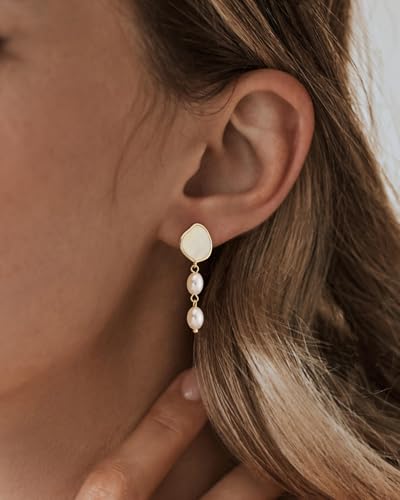 Pearl Earrings - 14K Gold/White Gold/Rose Gold Plated Cubic Zirconia CZ Diaomond Accented Pearl Drop Dangle Earrings for Women Wedding Bridal Prom - color: Gold Mother of Pearl