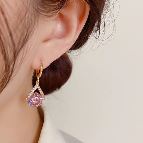 Sonateomber Gold Silver Small Hoop Dangle Earrings for Women, Trendy Dainty Rhinestone CZ Dangling Prom Wedding Leaf Flower Snowflake Butterfly Starfish Fashion Jewelry Gift - color: Pink