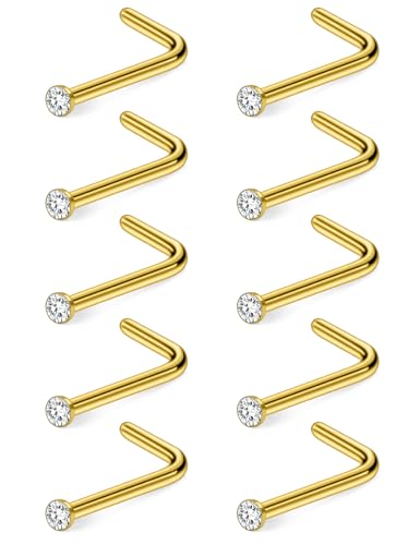 Hoeudjo Nose Studs Surgical Steel Cubic Zirconia Nose Rings Kit for Women Men Tiny Nose Stud Bone & Screw & L Shaped Nostril Piercing Jewelry 18/20/22/24 Gauge 10 Pieces - color: gold-tone,L-shaped nose studs, size: 22g/1.5mm clear CZ
