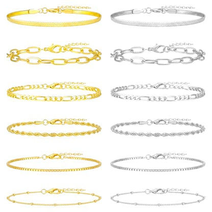 12Pcs Ankle Bracelets for Women Layered Waterproof, Gold/Silver Cuban Link Chain Anklets Set, Adjustable Plus Size Summer Jewelry Gift