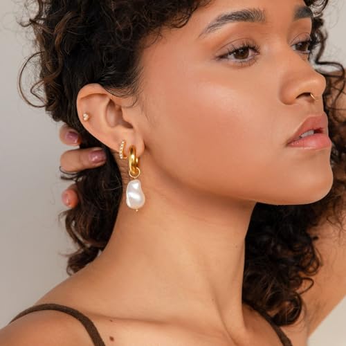 Pearl Earrings for Women 14K Gold Freshwater Pearl Hoop Earring Dangle Drop Wedding Earrings Bridal Bridesmaid Jewelry Gifts for Women - color: Gold man-made Pearl Drop Hoops