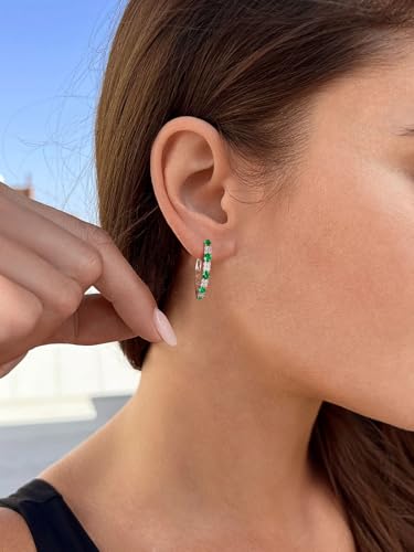 Women's Huggie Hoops with Birthstone 925 Sterling Silver Huggie Stud Hypoallergenic 14K Gold Plated Moissanite Earrings -Emerald Sapphire Ruby Hoop Earrings, Size 20 25mm - color: A -Emerald Silver, size: 20mm (0.78 Inch)