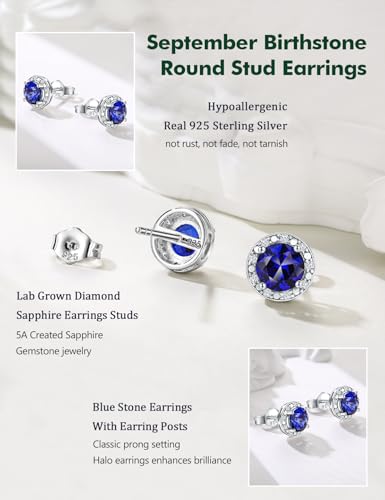 Dainty Birthstone Earrings for Women Sterling Silver Small Stud Earrings with Halo Cushion/Round Created Gemstone Earrings Birthstone Jewelry - style: B 09. Sep./created blue sapphire-round cut