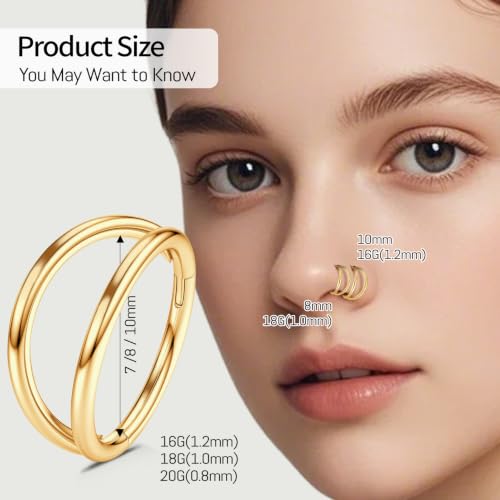 WBRWP 2PC Titanium Double Hoop Nose Rings: 16G/18G/20G Cartilage Earrings Septum Rings Clicker, Hypoallergenic Lightweight Conch Piercing Jewelry Black Gold Silver Rose Gold - color: Gold, size: 18g 7mm