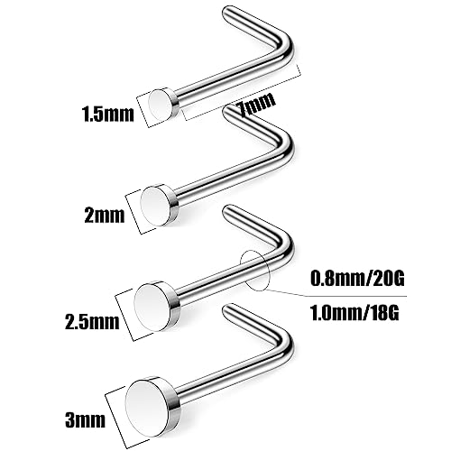 4pcs Grade 23 Titanium Nose Studs 20G/18G Flat/CZ Tiny Nose Rings Hypoallergenic G23 Nostril Piercing Jewelry for Women Men 1.5mm 2mm 2.5mm 3mm Flat Nose Bone Straight/Screws/L Shaped - color: 4pcs L shape Flat(1.5mm 2mm 2.5mm 3mm)